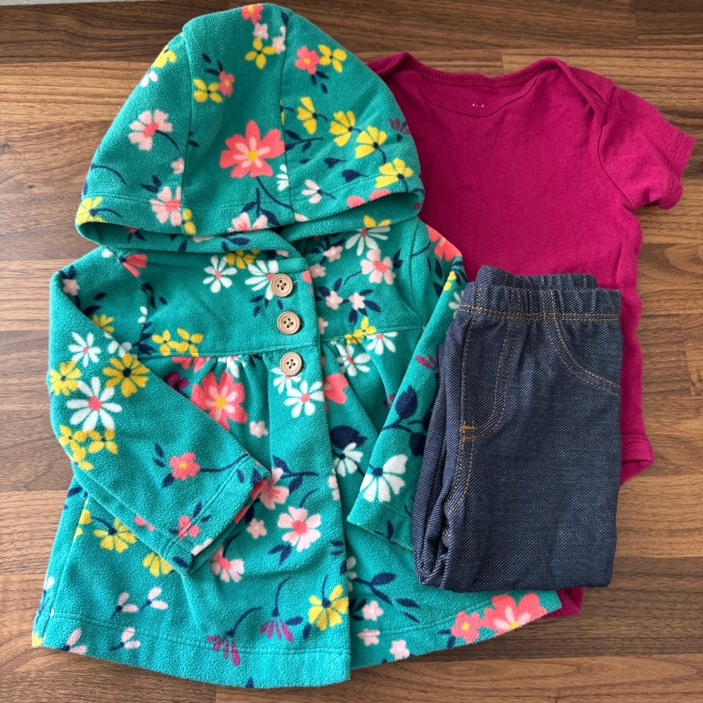 Carters Fleece Jacket Set - Floral Jacket, Jeans Leggings, Onsie  - 6 months